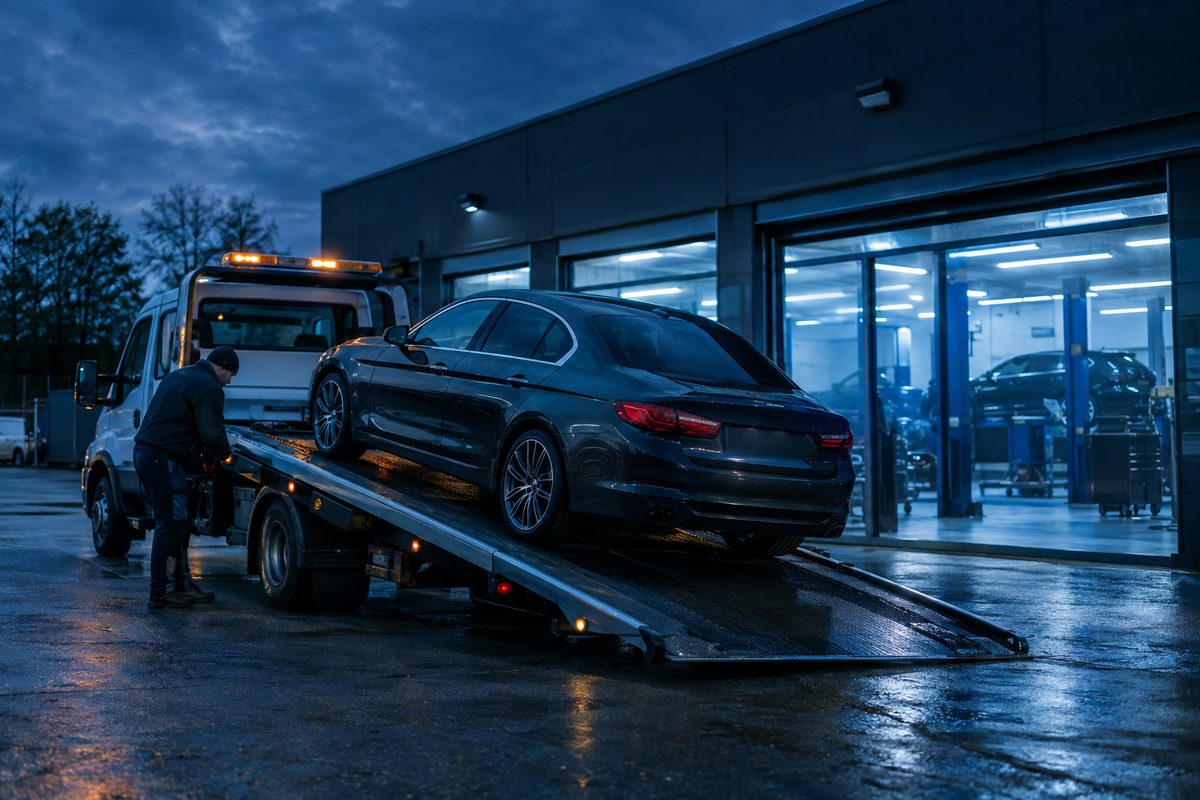 Fahrzeug wird für den Hol- und Bringservice auf einen Transporter geladen