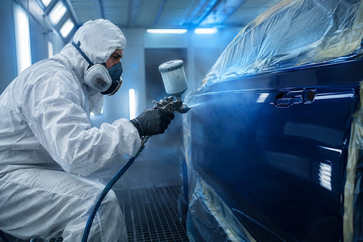 Lackierer beim Lackieren eines Fahrzeugs in der Lackierkabine